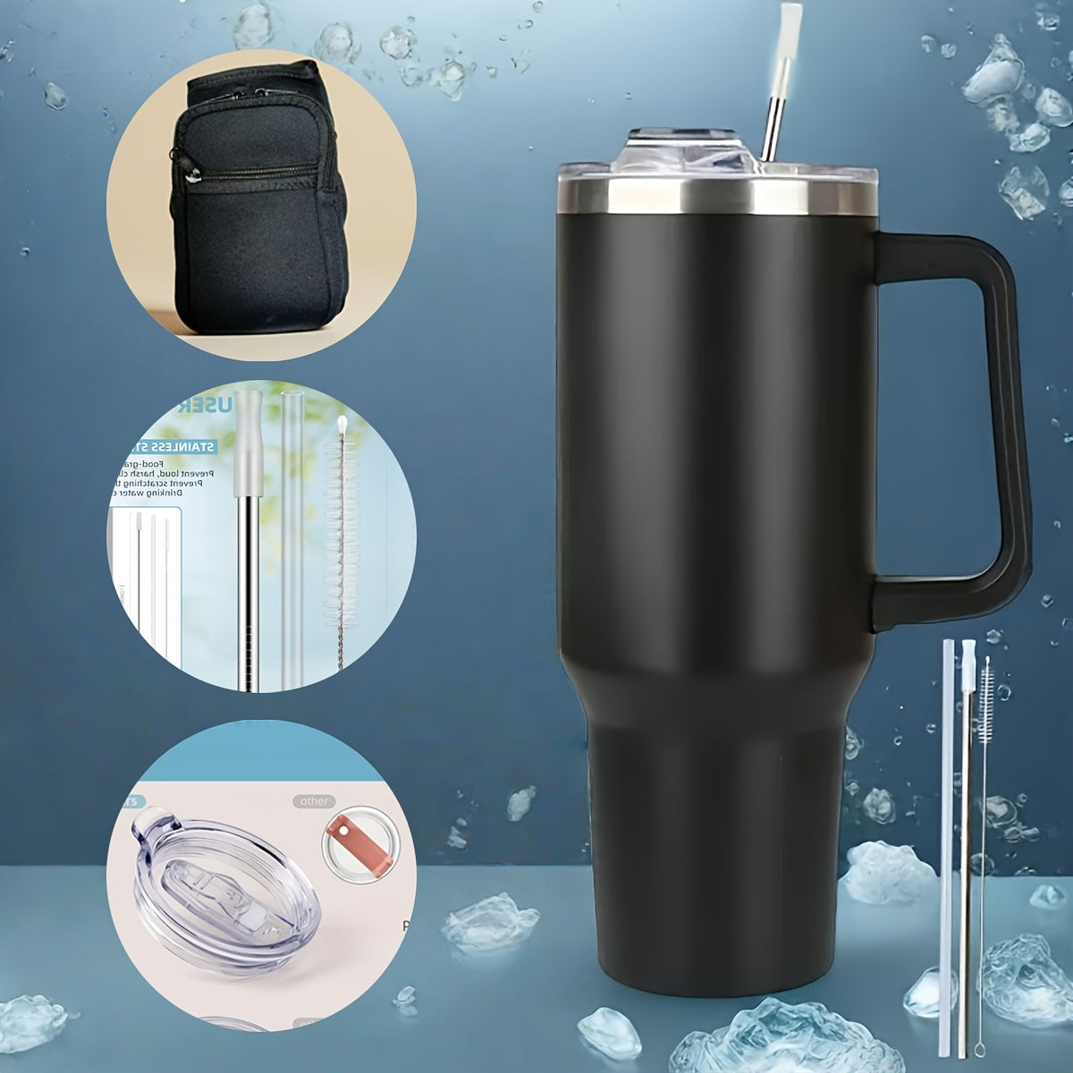 40 Oz Insulated Tumbler with Carry Bag And Handle, Stainless Steel Thermos with Straw Lid, Great for Home Office, Car Travel, Straw Or Spout Lid, Gym Water Bottle Travel Mug, Works with Ice Cubes, Water Bottle