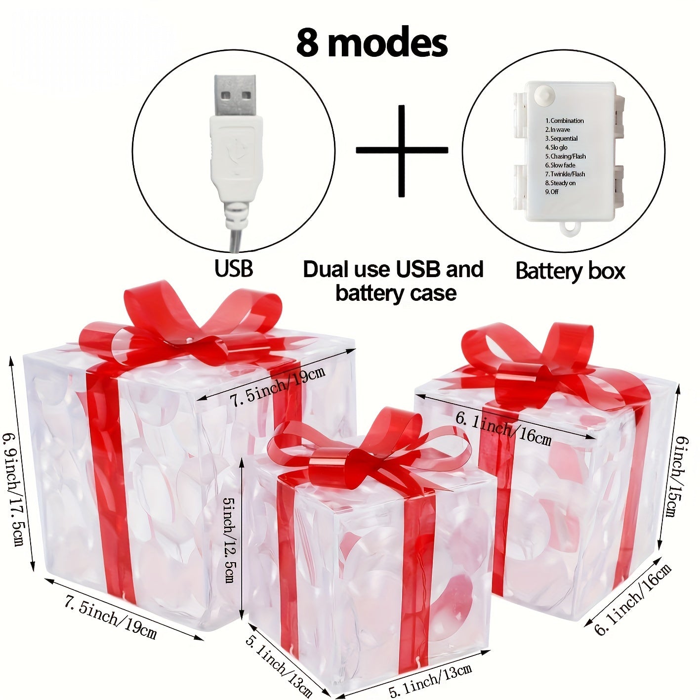 Christmas Light-Up Gift Boxes Set of 3 – USB & Battery LED Warm White Lighted Decorations with Timer, 8 Lighting Modes, Red Bow, Indoor Outdoor Holiday Home Decor