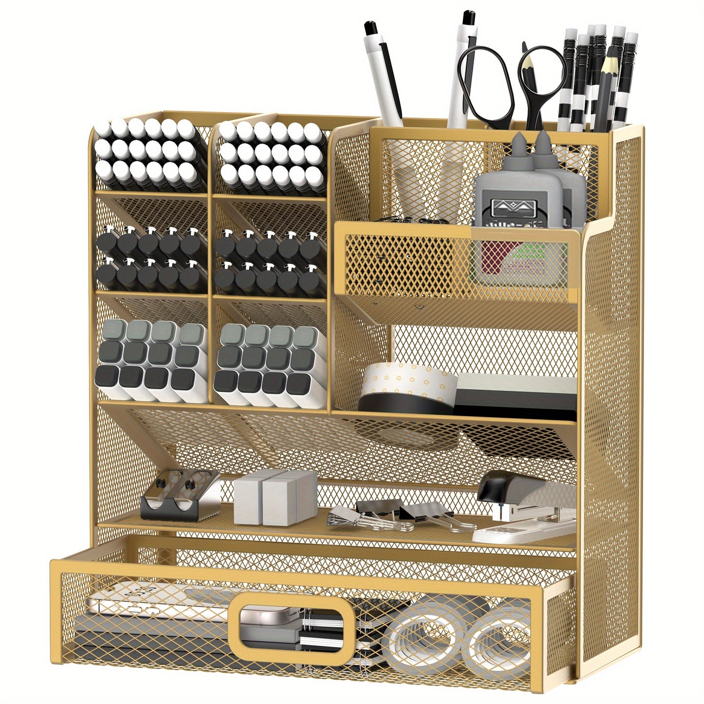 SUPEASY Desk Organizer With Drawer, Multifunctional Mesh Desk Pen Organizer, Desk Organizer With Pen Holder And Accessories For Office And Art Supplies
