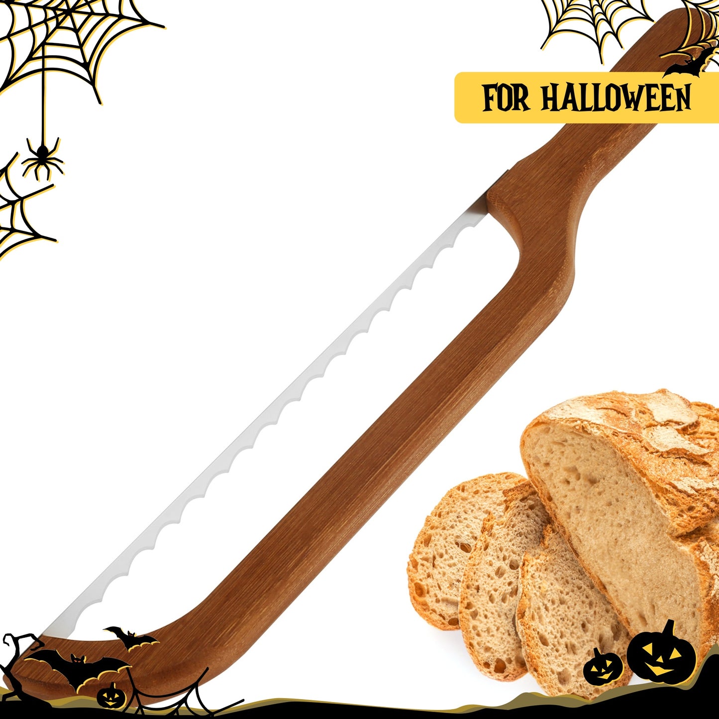 Stainless Steel Serrated Bagel Cutter Designed for Slicing Sourdough And Other Breads, Featuring a Portable Bamboo Handle. This 15.7×2.4 Inch Tool Is Perfect for Homemade Bagels, Baguettes, And Makes a Great Gift for Halloween And Christmas