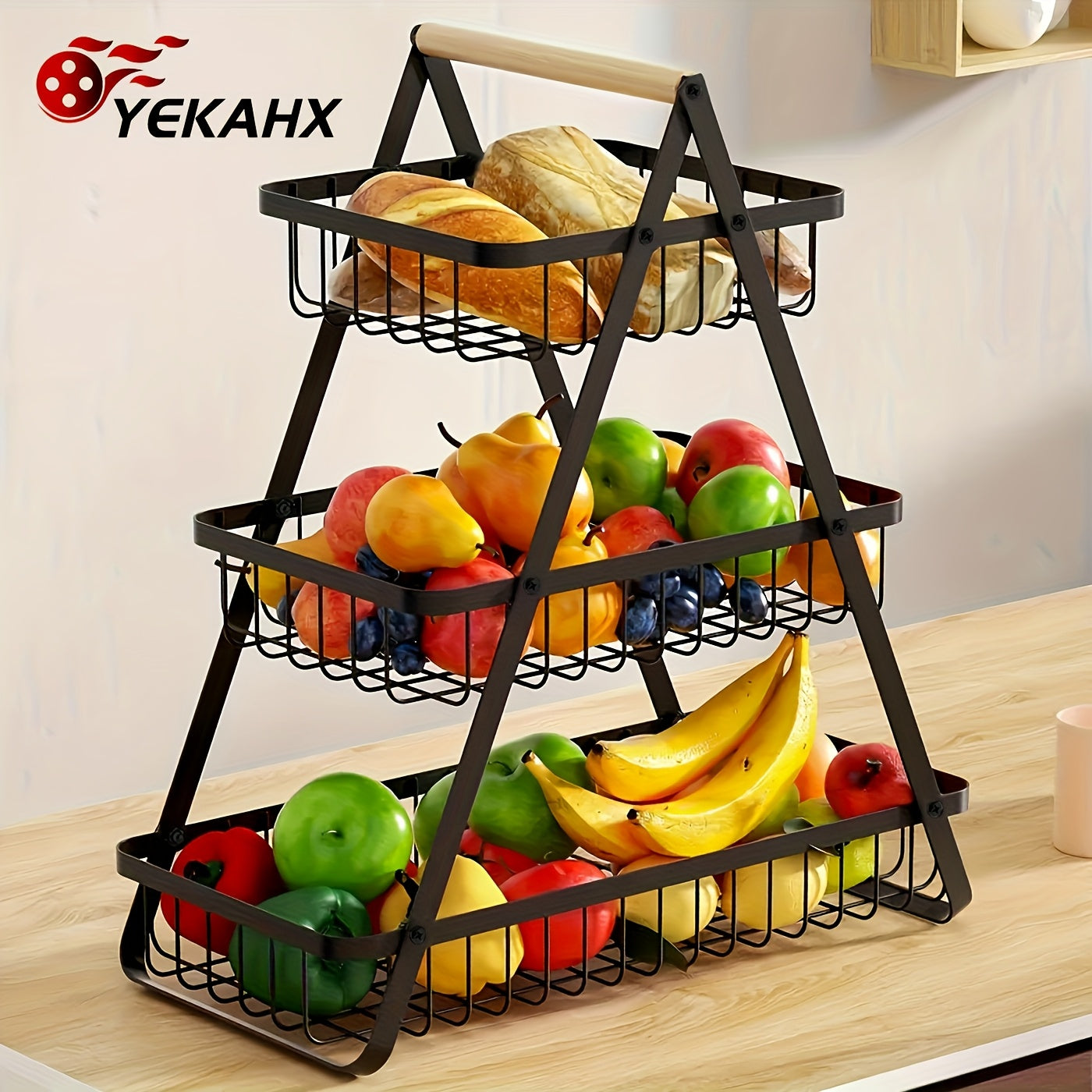 1pc Multi-Tier Detachable Bathroom Storage Basket with Wooden Handle Elegant Metal Wire Countertop Organizer for Home Organization