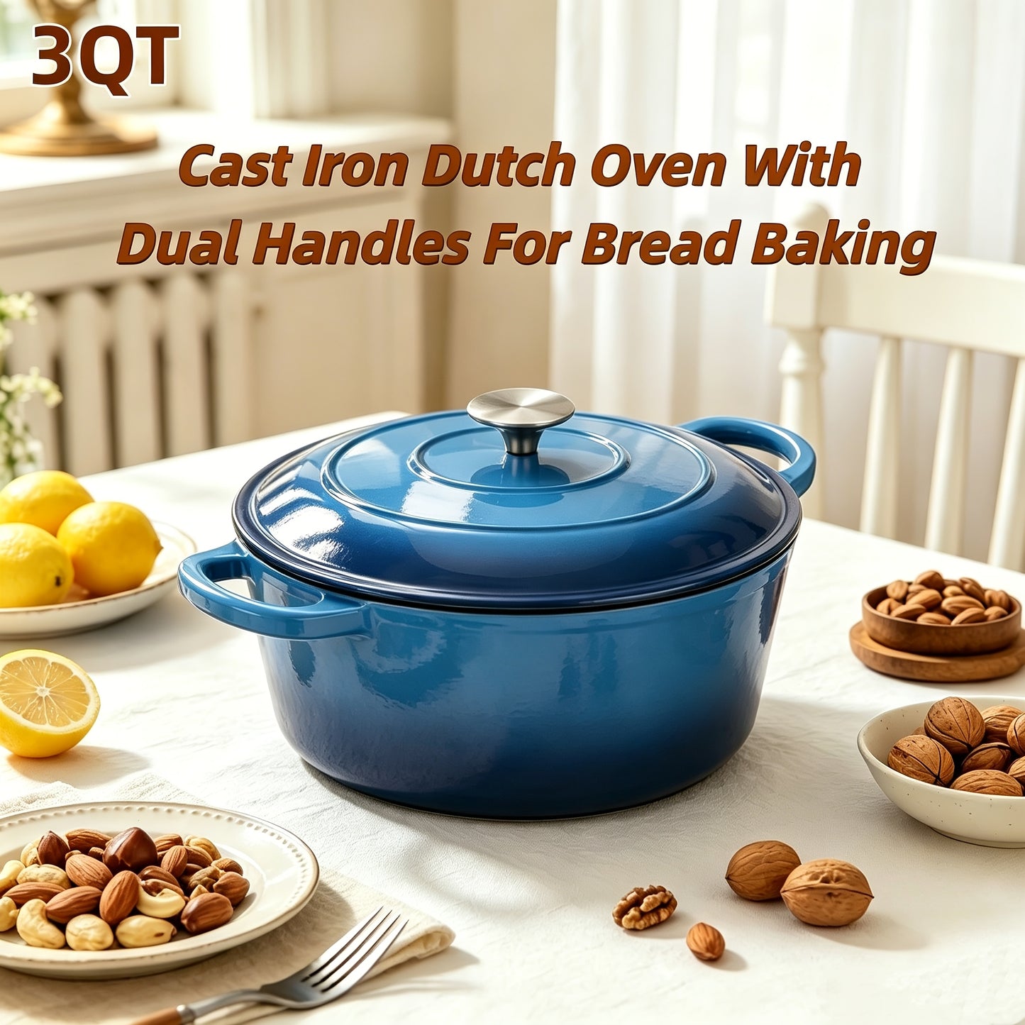 Enameled Dutch Oven Pot with Lid, Enameled Cast Iron Dutch Oven Pot with Lid, Cast Iron Dutch Oven with Dual Handles for Bread Baking, Non-Stick Enamel Coated Heavy Duty Cookware, Easy to Clean, Heat Retention