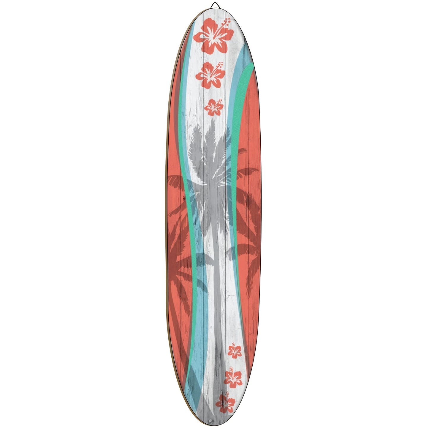 Wooden Surfboard Wall Art 15.74" – Rustic Tropical Beach Decor with Hibiscus & Tiki Mask Design, Frameless Recycled Wood Wall Hanging for Hawaiian Bar, Home, Summer & Vacation Theme Decor