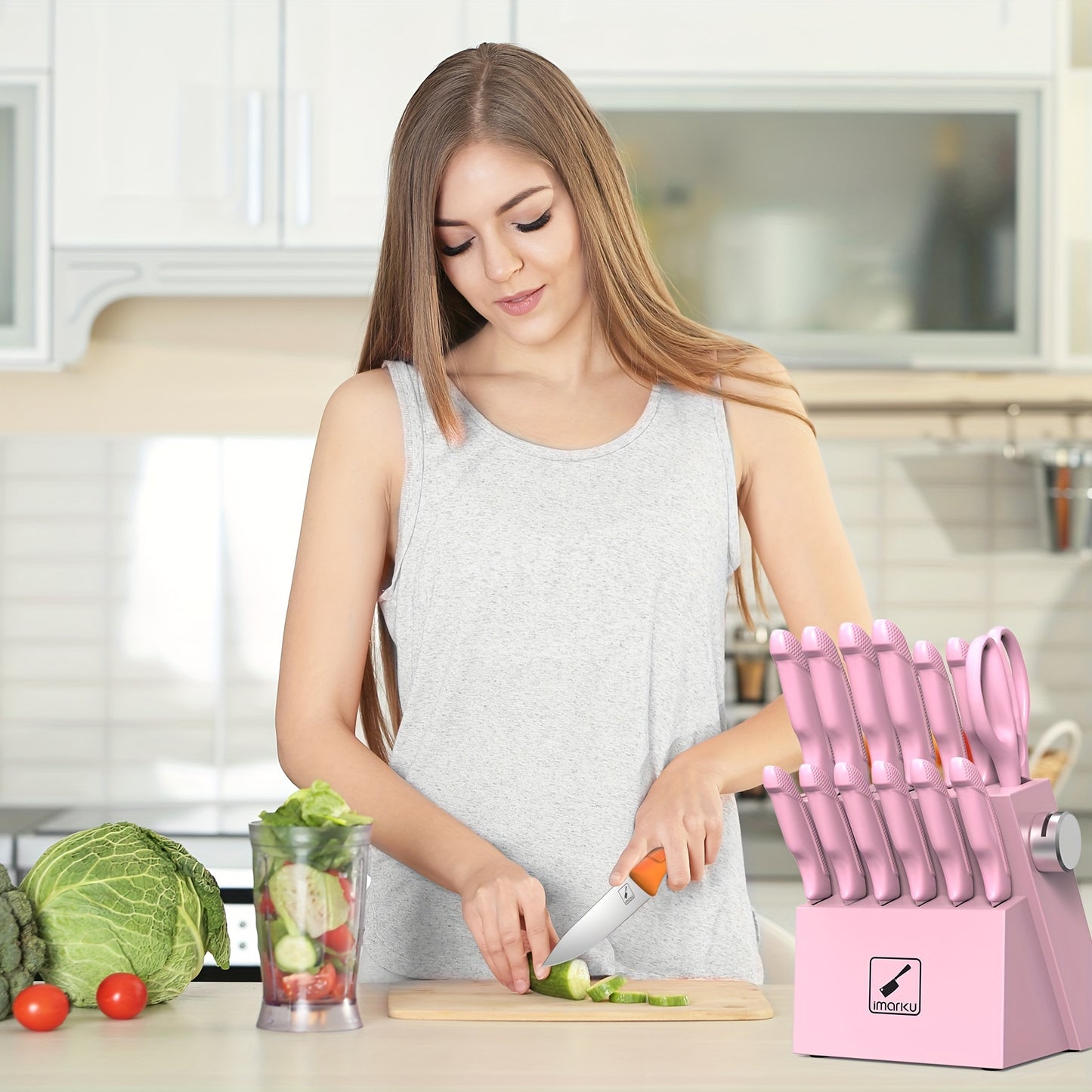 Knife Block Set 14 Piece Pink – Japanese Stainless Steel Kitchen Knife Set with Built-in Sharpener, Non-Slip Ergonomic Handles, Dishwasher Safe, Perfect Holiday & Housewarming Gift for Women
