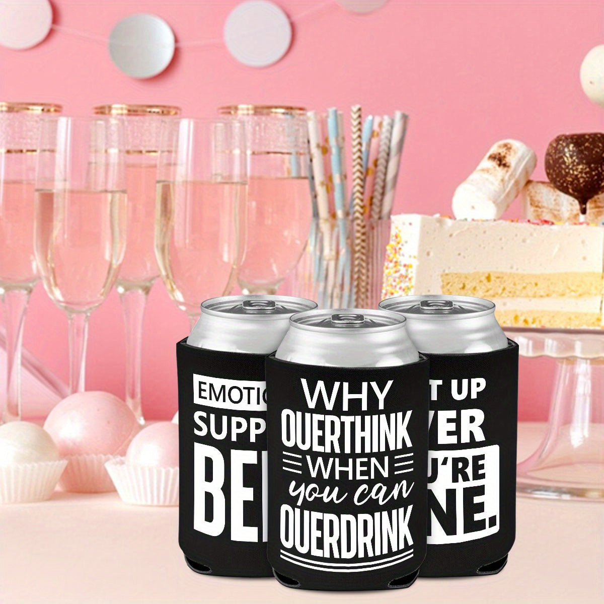 6pcs Neoprene Beer Can Coolers with Funny Drinking Phrases & Sobriety Humor - Insulated Drink Sleeves for Soda, Lager, Parties (Non-) - Durable Cylindrical Sleeve for Bachelorette, Oktoberfest, Camping - "I Identify as Soda