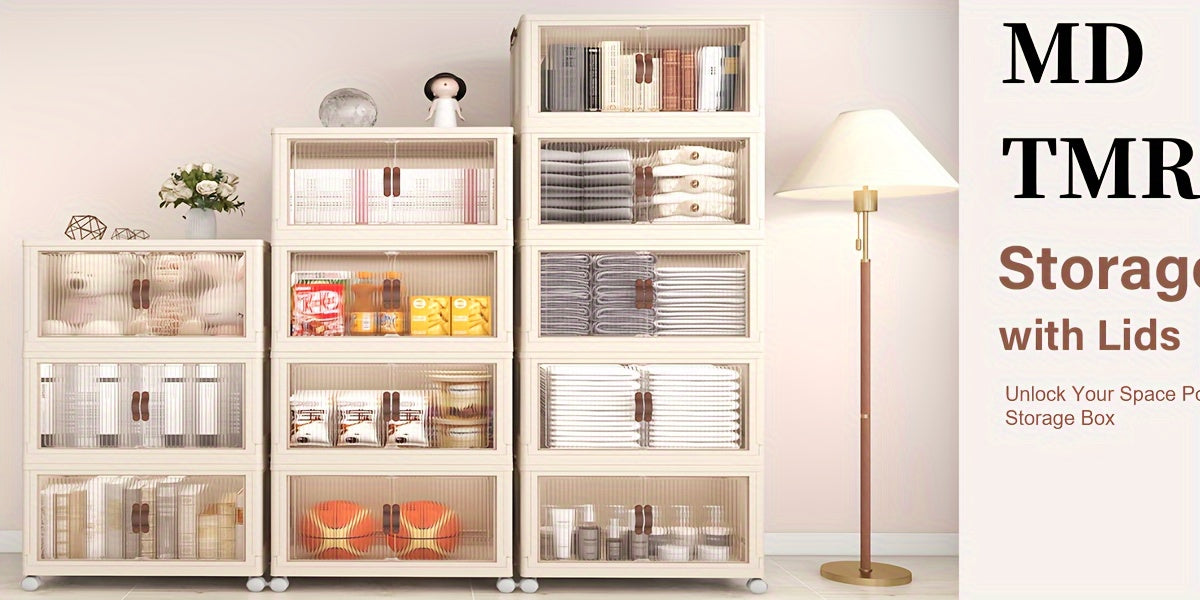 White Foldable Storage Cabinet with a Lid And Stackable Wheels, Measuring 19.29inch/29.53inch, Ideal for Clothes And Bedding. A Space-Saving Wardrobe Suitable for Snacks And, This Durable Organizer Is Perfect for Bedrooms And Game Rooms