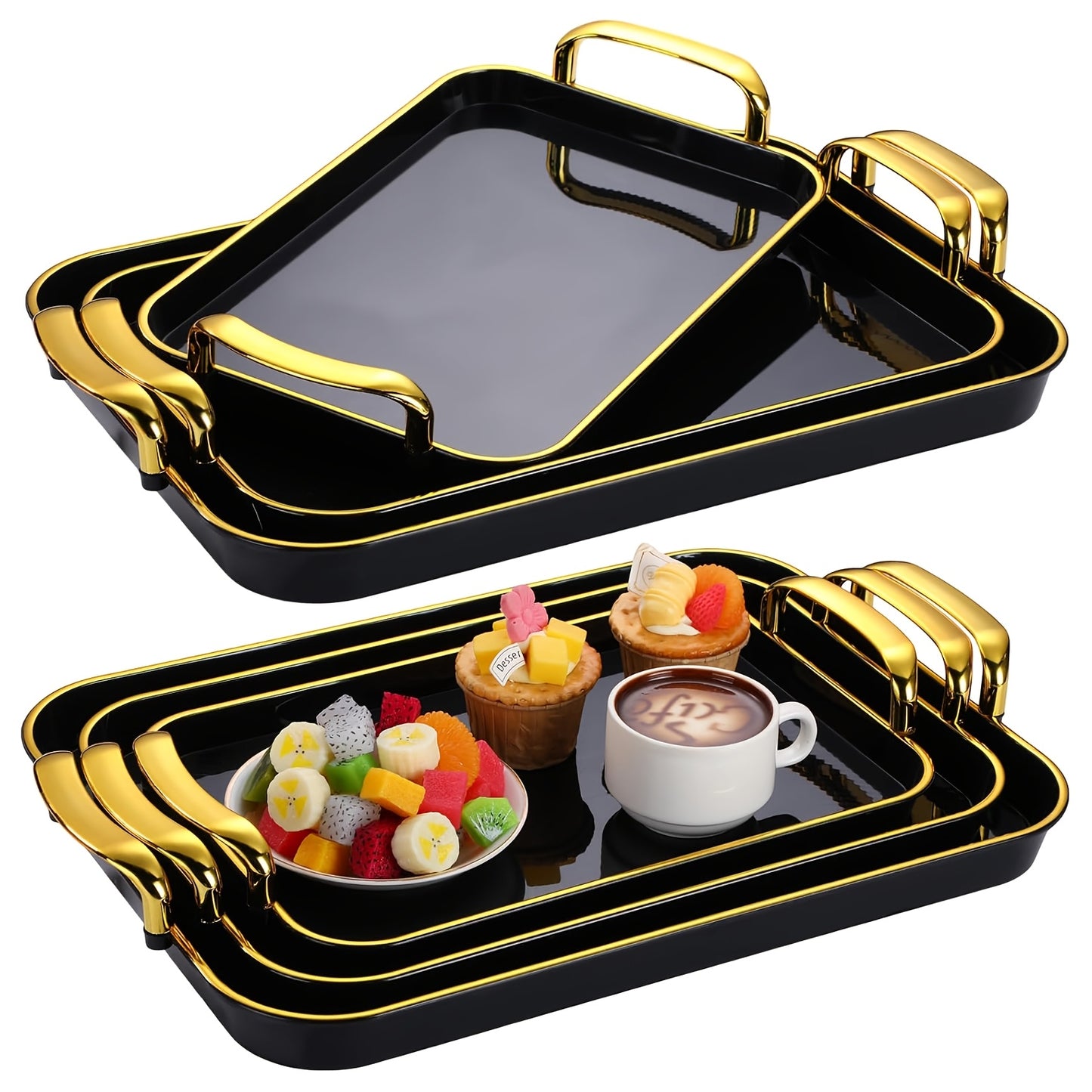 3pcs Handled Tray Set, Measuring 16.5/15/13.2 Inches, Ideal for Serving Food at Large Gatherings. Reusable White Plastic Rectangular Trays Perfect for Holding Meals, Dinners, Cakes, Turkey, Cheese, Fruit, And Appetizers