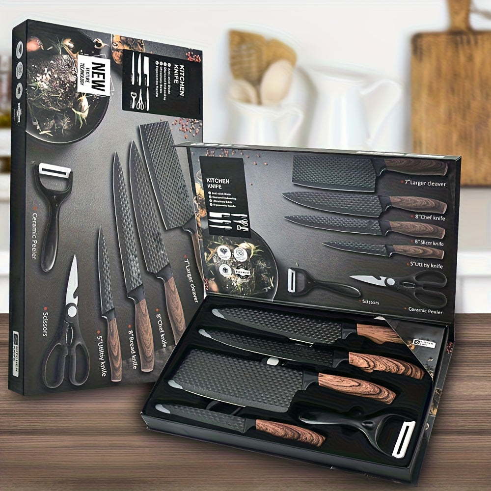 Professional Kitchen Knife Sets, Knife Combinations, Stainless Steel Knife And Scissors Sets, with Wooden Knife Racks, Self-sharpening Chef Knife Sets, Stainless Steel Hammer-textured Knife Sets, Gift Box Knives, Valentine's Day Gifts