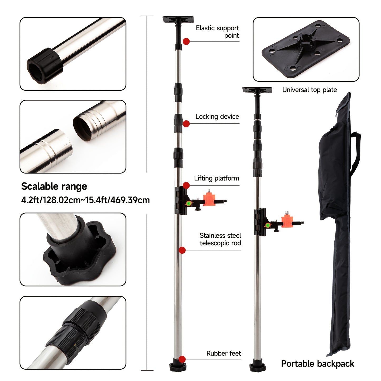 Telescoping Laser Level Pole 15.4ft / 4.7m – Adjustable Extension Rod with 1/4"-20 & 5/8"-11 Thread Mount for Rotary and Line Lasers, Professional Surveying & Construction Staff