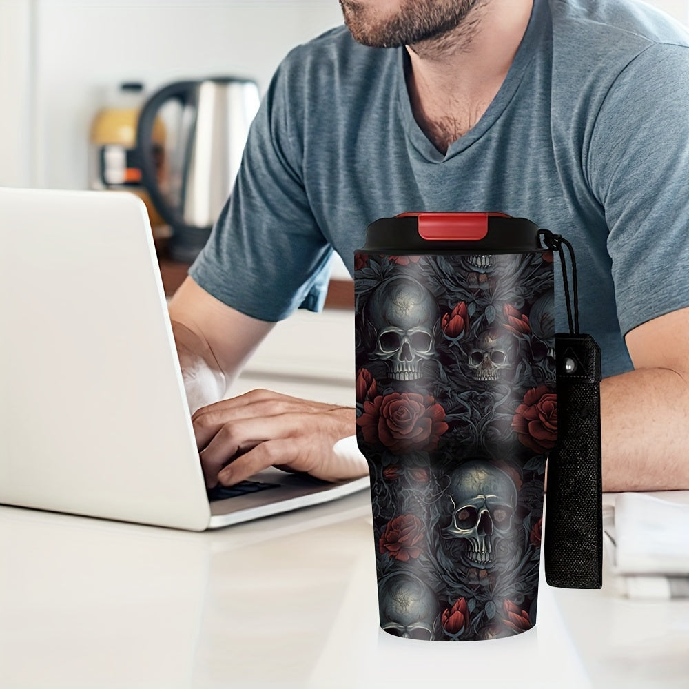 Gothic Skull & Roses Design Coffee Cup, 20oz Stainless Steel Insulated Tumbler with Carrying Strap, Beverage Container, Travel Mug, Summer Water Bottle, Camping Drinkware, Ideal Gift for Halloween, Birthdays, Christmas, Easter, Parties, Holiday