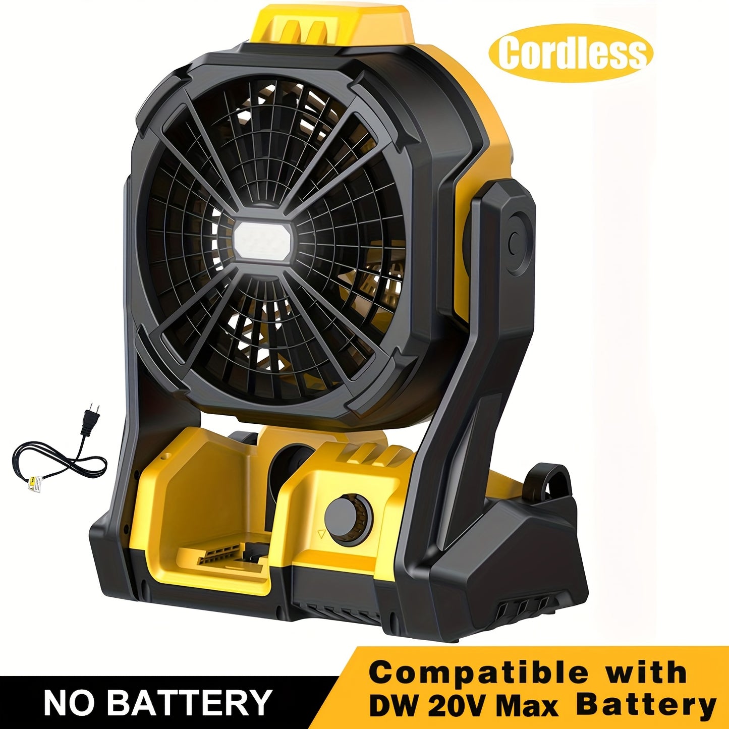 Cordless Jobsite Fan with LED Light, for Dewalt 20V Max Battery, Portable Battery Powered Fan, Adjustable Speed, Auto Oscillating, Hanging Hook, Compact for Camping, Garage, RV, Travel, Battery Not Included