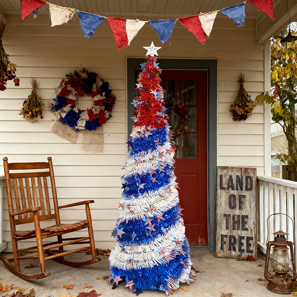 4th of July Patriotic Decoration Tree 5ft – Foldable LED Light String with Red White Blue Stars & Stripes, Independence Day Party Decor, Patriotic Theme Display Tree, Summer Holiday Gift