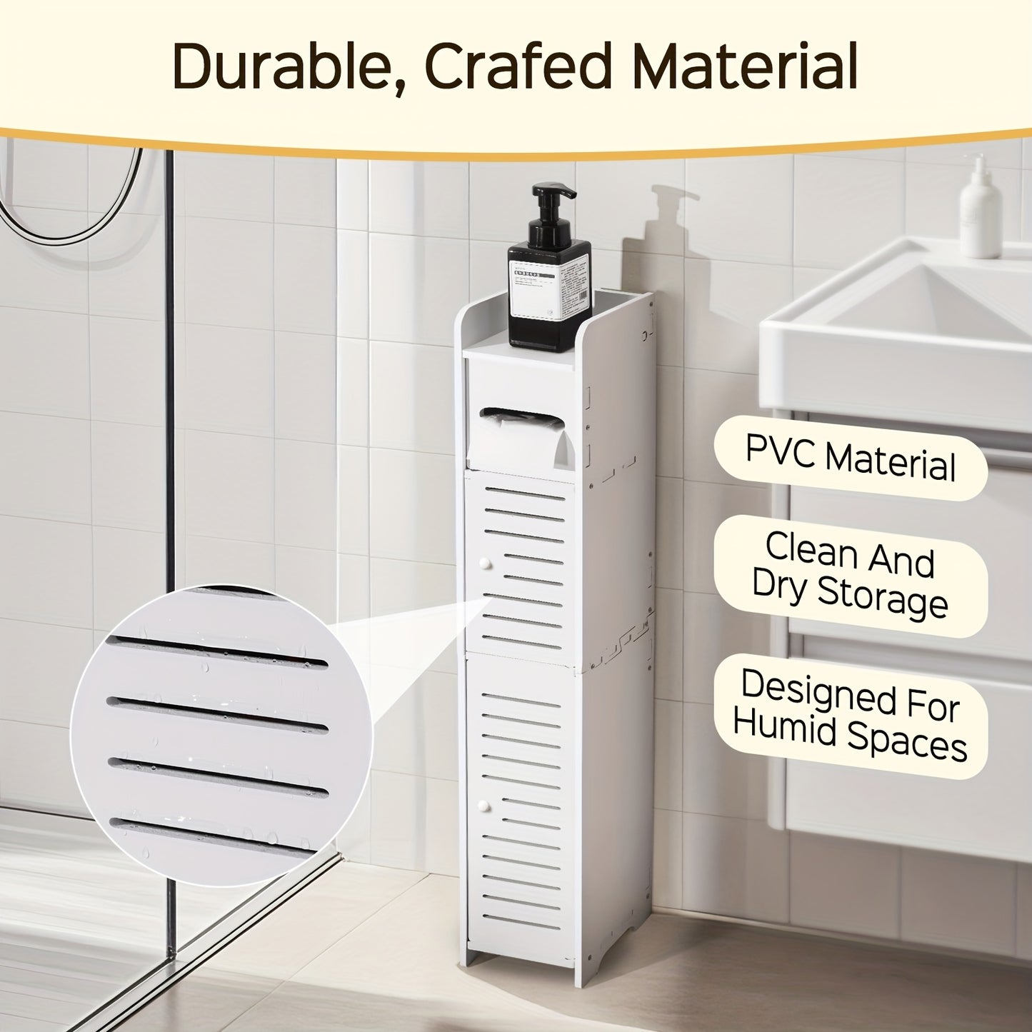 Small Bathroom Storage Cabinet, Slim & Crafed PVC Organizer, Ideal for Tight Spaces, Easy to Assemble & Durable, Multi-purpose Toilet Paper Holder Cabinet for Bathroom, Bedroom & Living Room, Valentine's Day Gift, (9mm Material Thickness), Toilet