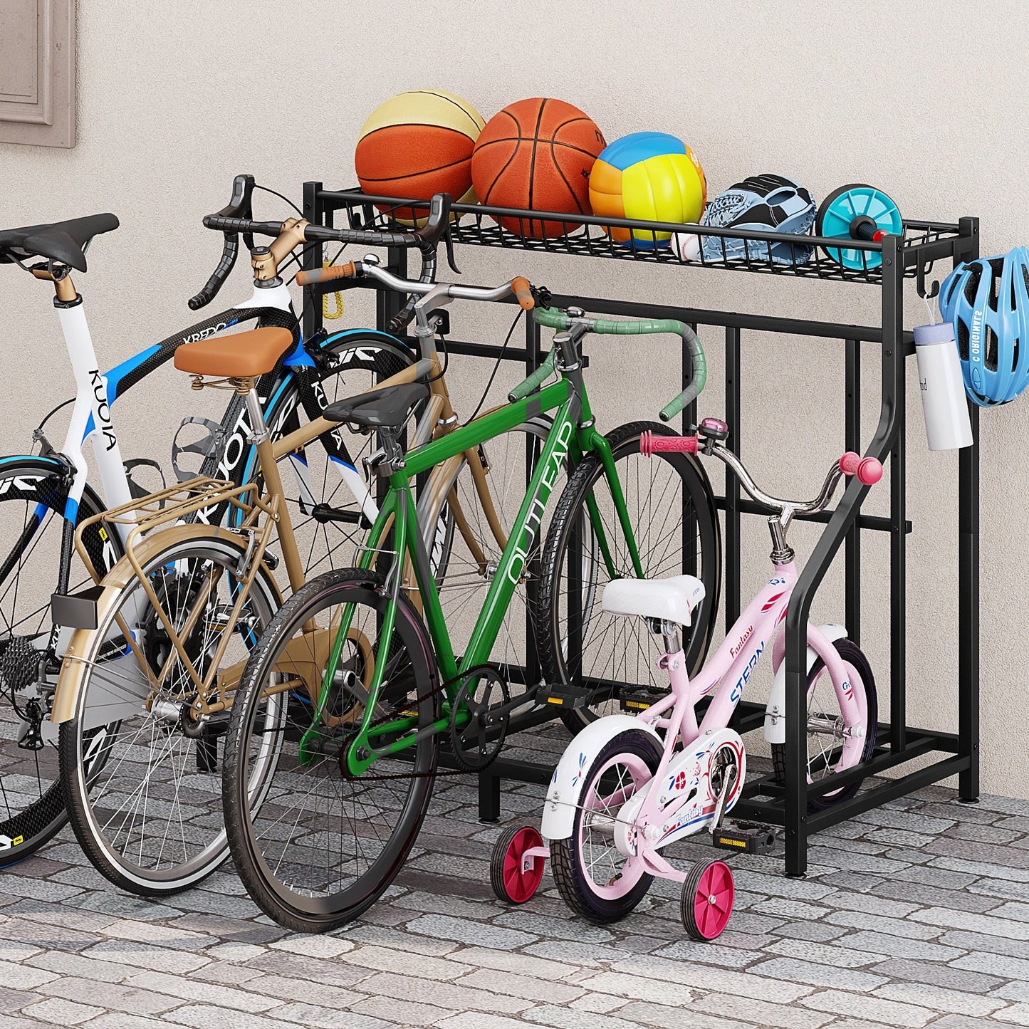 Freestanding Bike Storage Stand with Basket & Hooks – Adjustable Floor Rack for 3-4 Bikes, Indoor Outdoor Garage Organizer