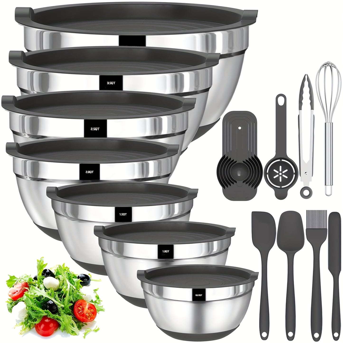 20pcs Mixing Bowls With Airtight Lids, Stainless Steel Metal Nesting Bowls, Non-Slip Colorful Silicone Bottom, Size 7, 3.5, 2.5, 2.0, 1.5, 1, 0.67QT, Great For Mixing, Baking, Serving
