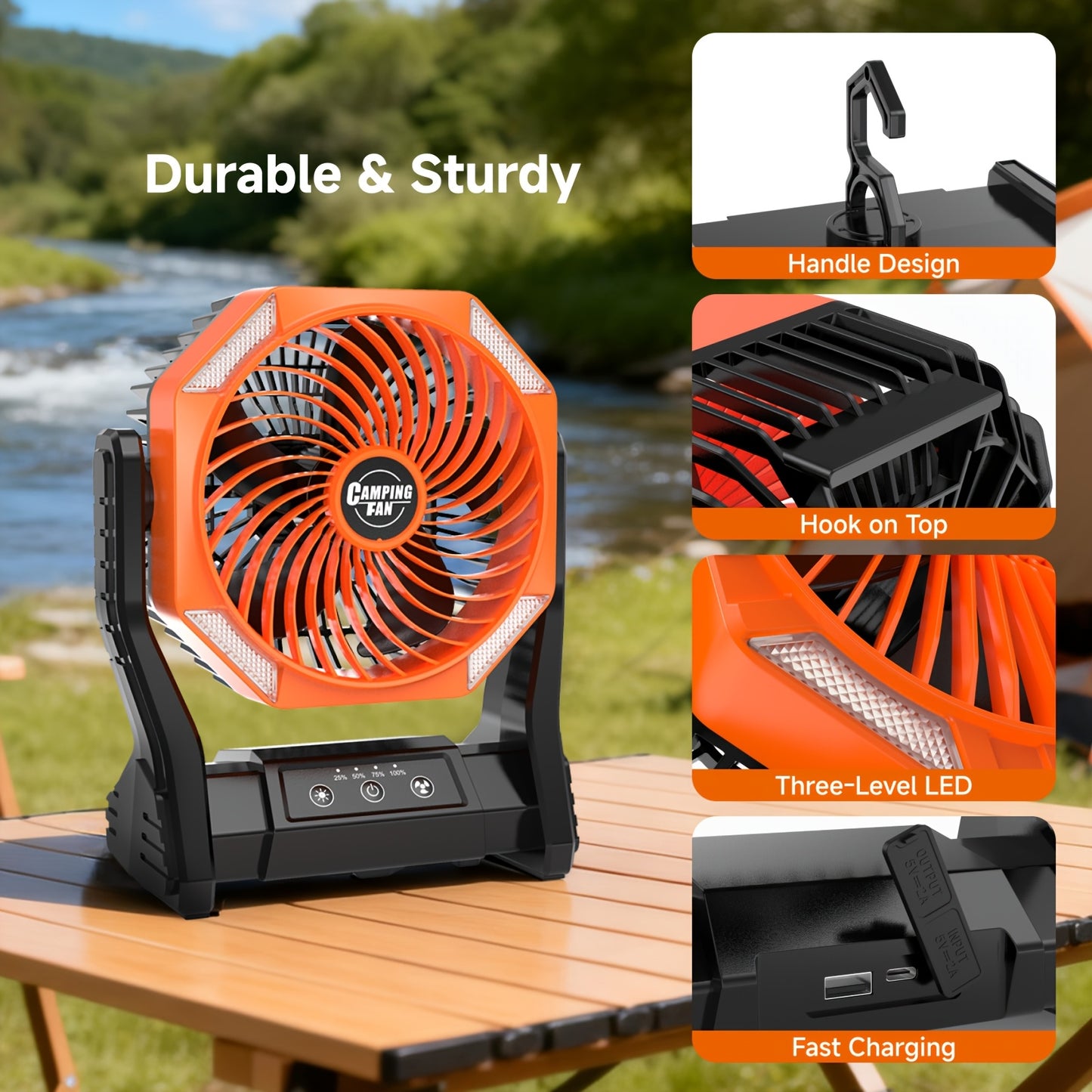 20000mAh Camping Fan with LED Light, 4 Speeds Brushless Motor, 180° Oscillating Portable Outdoor Fan, 22-26H Long Runtime, Table Fan for Camping, Hiking, Picnic, Emergency