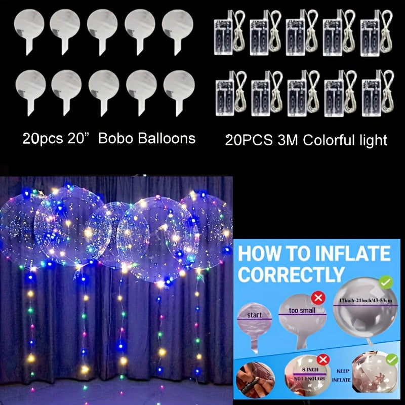 20pcs (10pcs LED Lights with 10pcs 20inch LED Light Up Bobo Balloons)String Lights Transparent Balloons for Birthday Wedding Christmas Party Easter Mother's Day Graduation Decor Decorations. 2*AA Batteries And Helium Not Included
