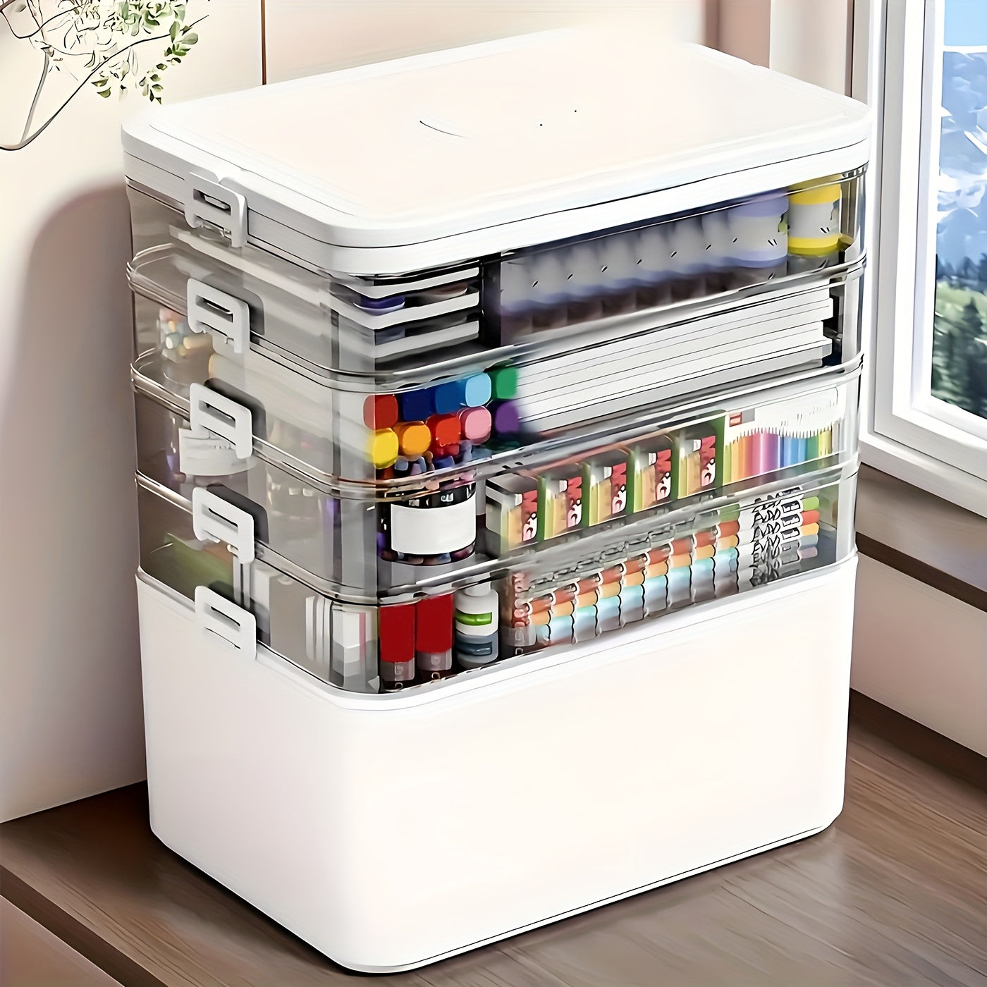 Large Capacity Multi-layer Stackable Storage Box with Lids- 5-Tier with Handle, Essential for Home And Travel, Transparent Storage Box - Easy to Clean, for Pill Box Organization, Office Supplies, Sewing Supplies, Bathroom Supplies Storage Box