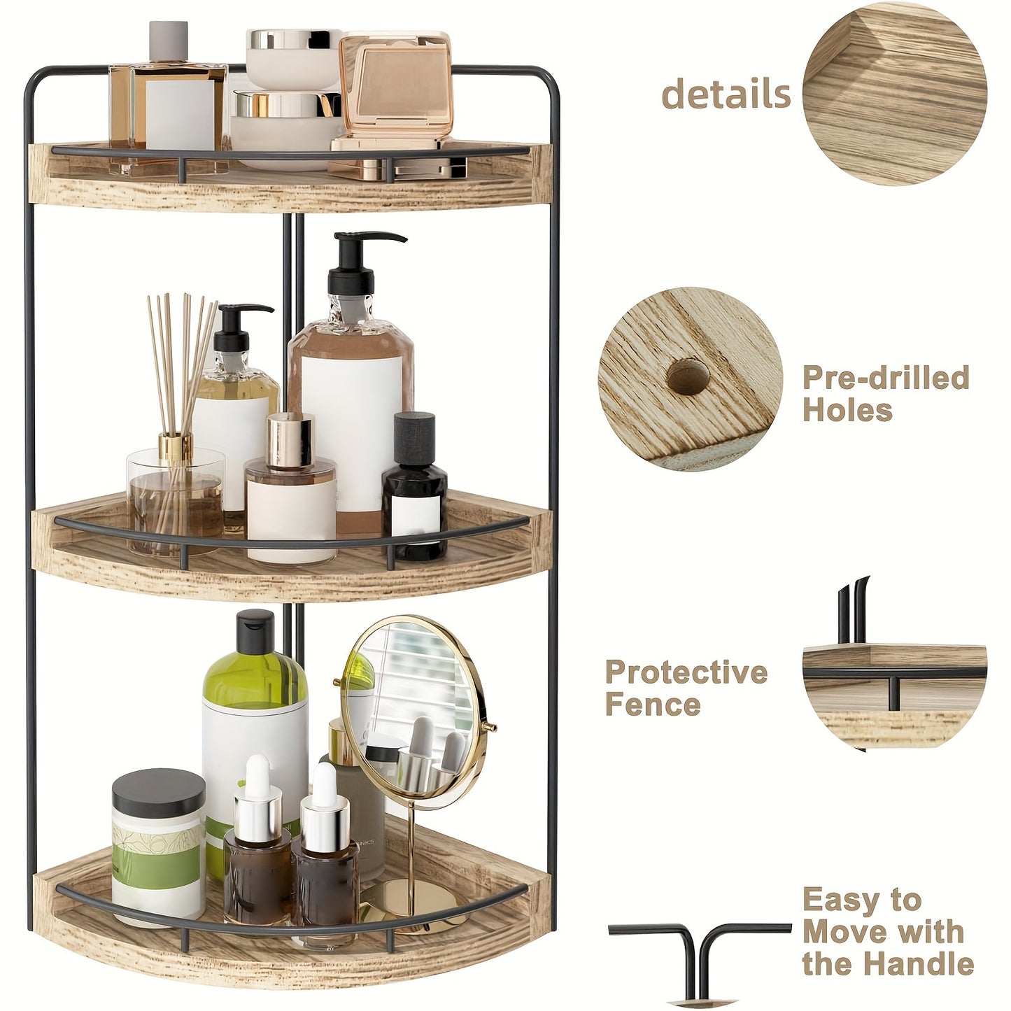 1pc 3-Layer Rustic Corner Countertop Storage Rack, 16.93inch Height Wooden Vanity Organizer, Space-Saving Tray In Light Brown, Multifunctional Holder for Bathroom, Kitchen, Bedroom, Holiday Daily Decoration