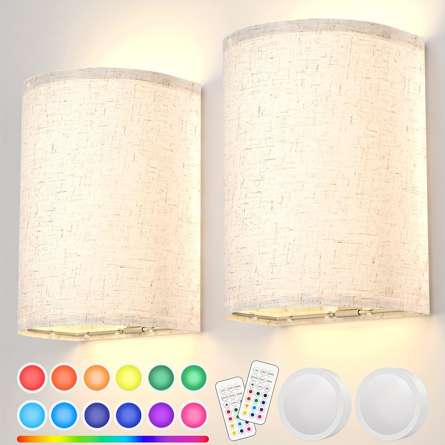 Wall Sconces Set of Two, Rechargeable 3 White/ RGB Color Changeable Dimmable Wall Lights Fixtures with Remote Control Magnet Mounting Fabric Lamp Sconces for Bedroom Living Room Hallway