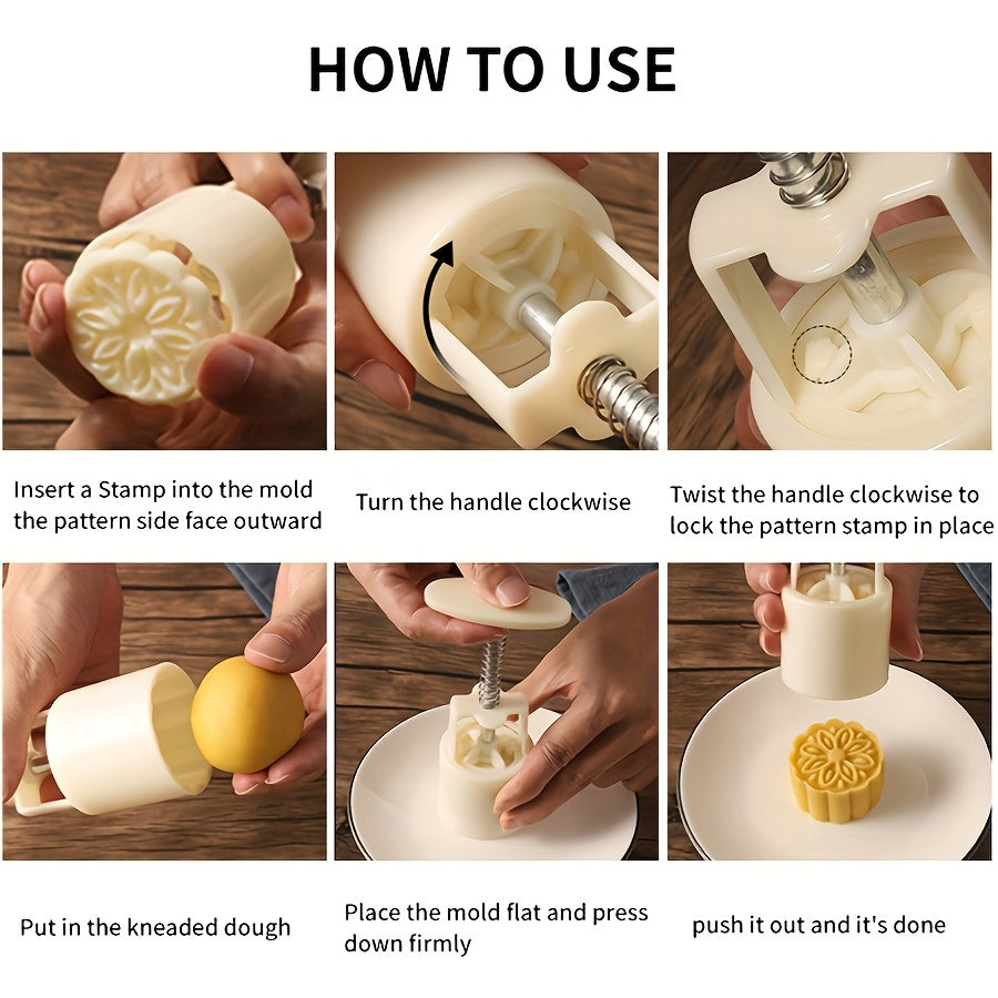7pcs Moon Cake Mold | Mid Autumn Festival Hand Press Cookie Stamps Pastry Tool Mooncake Maker, Flower Molds Patterns 1 Mold 6 Stamps 50G, Cookie Cutters For Baking, Plastic Material By Jusbe