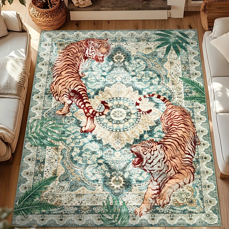 A Regional Area Rug with a Tiger Design Inspired by Jungle Forests, This Washable Carpet Is Perfect for Living Rooms And Bedrooms. It Features a Non-Slip Surface And Is Ultra-Thin, Making It Suitable for Home Offices And Indoor Decoration