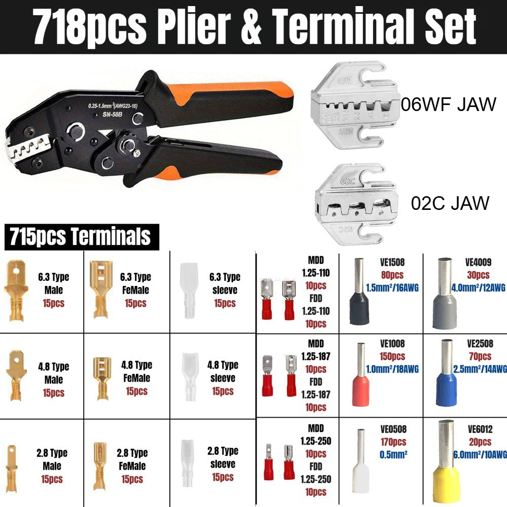 Wire Crimper Kit 718pcs SN-68B Ratchet Crimping Tool AWG28-16 with Replaceable Jaw & Assorted Terminals – Insulated Cable Connector Male Female Pair Electrical Wiring Set