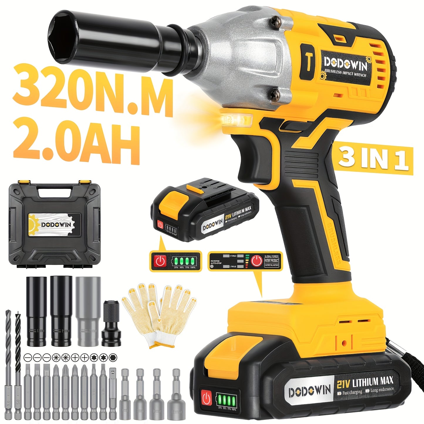 21V Cordless High Torque Impact Wrench, Wireless Drill Kit, Impact Driver, Brushless Electric Impact Gun Drill Torque. 2.0AH/4.0AH 1/2 Batteries & Charger, 6 Sockets & Full Accessories, Electric Power Tools for Car & Home Use, Accessories Sold