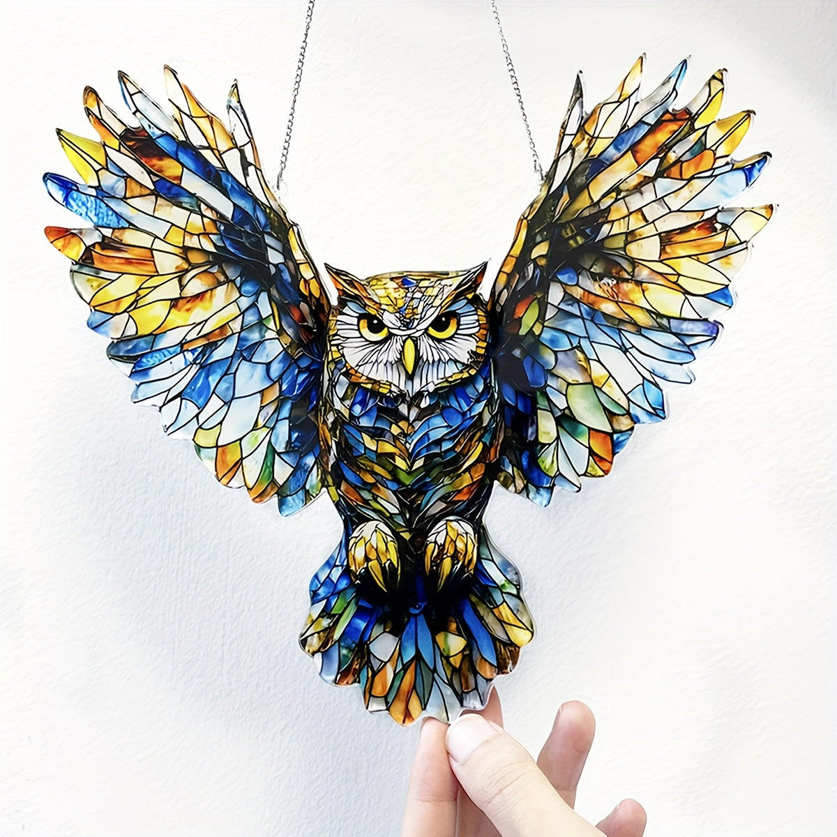 Owl Hanging Ornament Colorful Acrylic 6.7"x8", 2D Flat Animal Wall Art Decoration for Christmas Tree, Home, Office & Outdoor, Unique Birthday & Anniversary Gift for Her – Boho Bird Decor (1pc)
