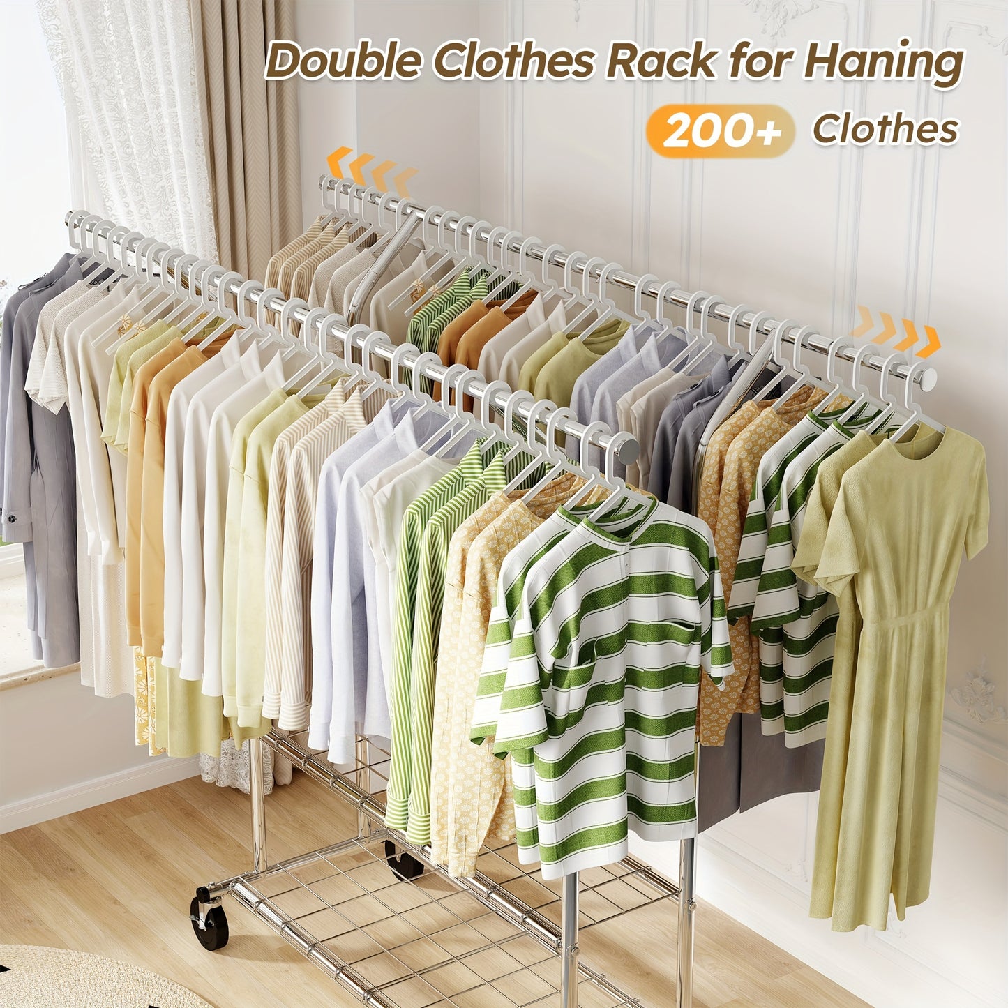 Heavy-Duty Rolling Clothes Rack with Wheels - Adjustable, Portable Garment Stand for Hanging Clothes, 630lbs Capacity, Silver Metal, Freestanding Design
