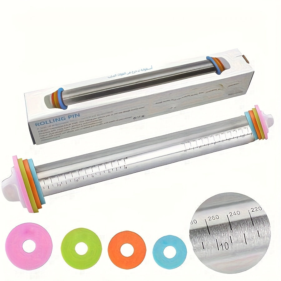 1pc Adjustable Stainless Steel Rolling Pin | Multi-Use Dough Roller with Thickness Guide | Ideal for Baking, Pizza And Holiday Pastries