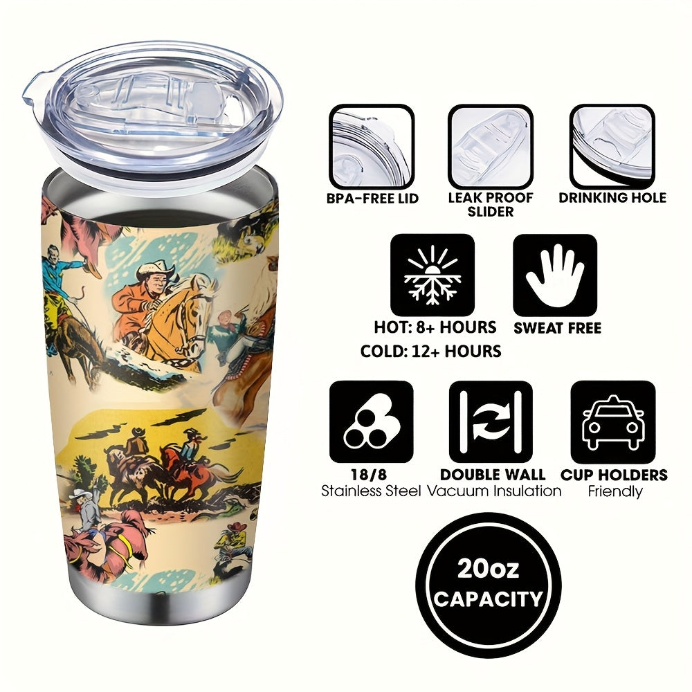 Classical Cowboy Graphic Coffee Mugs, Stainless Steel Insulated Tumbler with Lid & Straw, Beverage Container & Travel Cup for Hot & Cold Drinks, 20oz Camping Drinkware, Ideal Gift for Coworker, Birthday, Holiday, Parties, Thanksgiving Day, Christmas