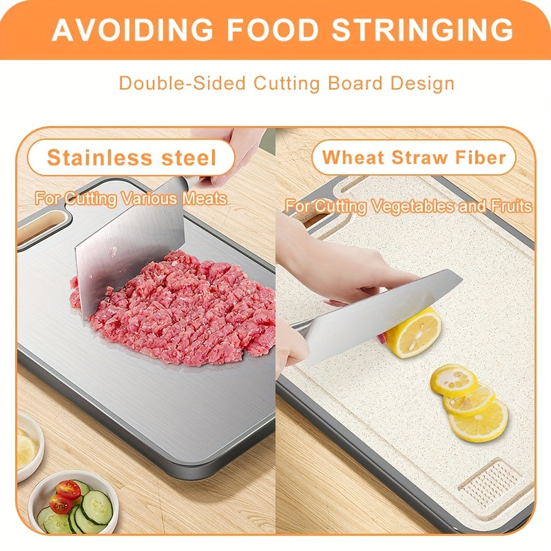 Double Sided Food Grade Cutting Board for Kitchen, Made Of Stainless Steel And Wheat Straw PP Panel, Non Slip And Durable, Easy to Clean. Large Size 16 Inches X 11 Inches