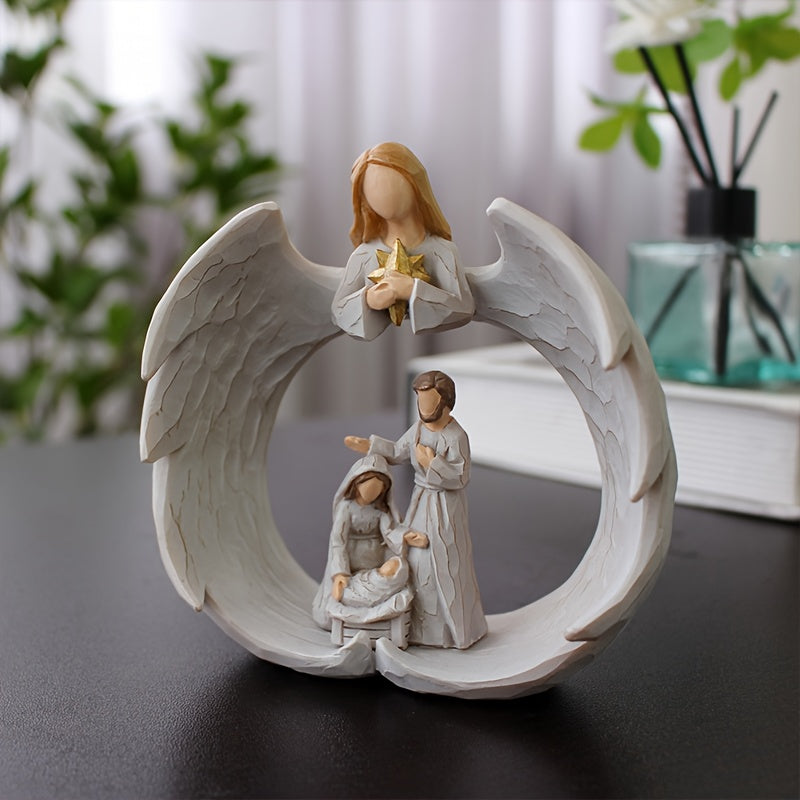 1pc The Nativity Scene Featuring The Holy Family And an Angel Statue - a Beautifully Crafted White Resin Religious Figure, Detailed Indoor Decoration, Ideal for Holiday Adornment (White)