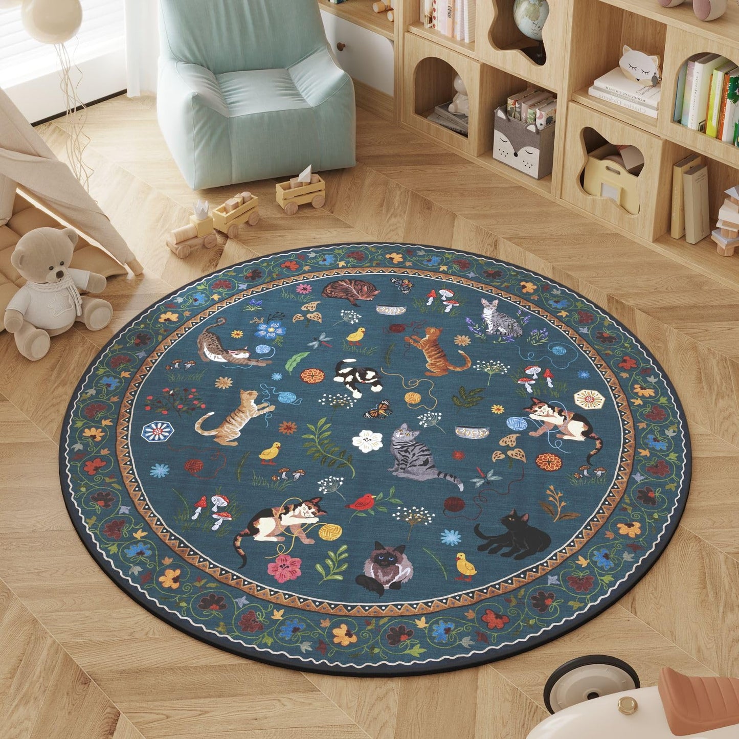 Boho Cat Floral Area Rug – Vintage Blue Animal Print Low Pile Carpet, Non-Slip Soft Rug for Living Room, Bedroom & Dining Room, Round & Runner Sizes, Easy Clean