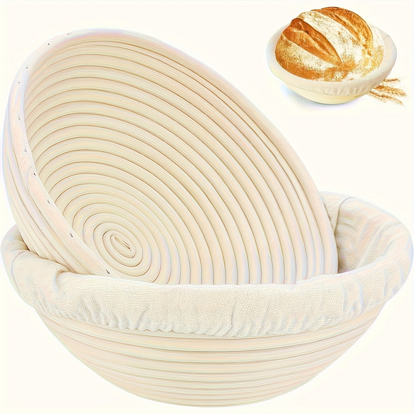 Set of 2 Round Proofing Baskets for Bread, 9 Inches in Size, Made from Handmade Rattan with Liners, Ideal for Sourdough