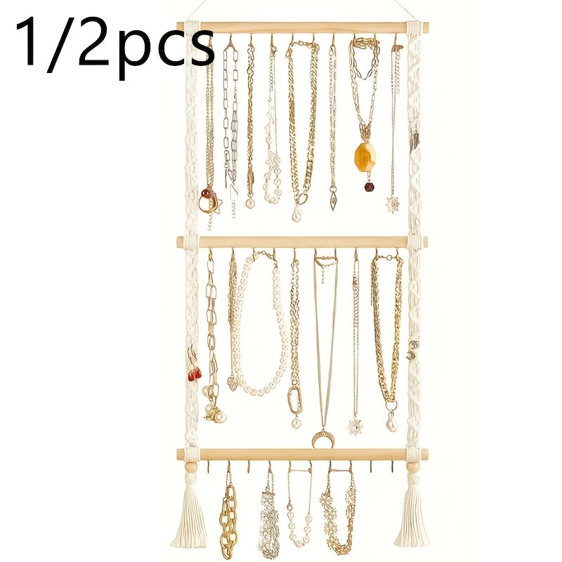 2/1pc Bohemian Jewelry Rack, Hanging Jewelry Storage Rack, Hand Woven Tassel Jewelry Display Rack, Bedroom Decoration, Contains 30 Hooks for Necklaces, Earrings, Bracelets, Hair Additions Storage, Hanging Jewelry Organizers
