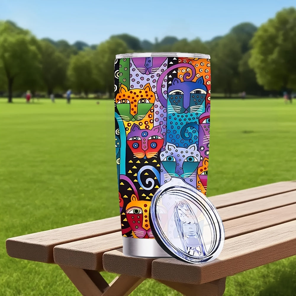 Abstract Cat Graphic Coffee Mugs, 304 Stainless Steel Insulated Tumbler with Lid & Straw, Beverage Container & Travel Cup for Hot & Cold Drinks, 20oz Camping Drinkware, Ideal Gift for Birthday, Parties, Holiday, Halloween, Christmas, Thanksgiving Day