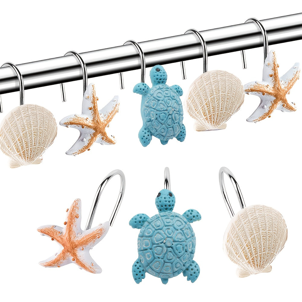 12pcs Resin Marine Curtain Hooks-Blue Turtle Starfish Shell Decorative Curtain Shower Curtain Hooks Home Bathroom Accessories