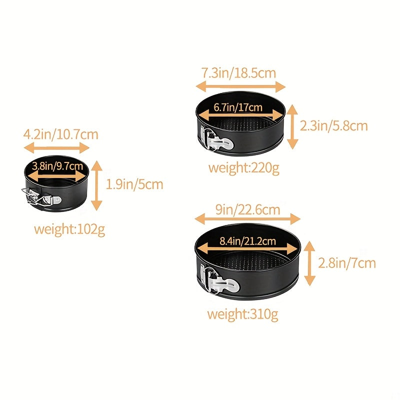 Lockable Base Springform Cake Pan, 3/4 Set. Premium Carbon Steel Non-stick Round Cheesecake Pans for Baking Cheesecakes, Pizzas And Quiches. 4, 7 And 9 Inch Removable Bottom Cake Moulds. (Black).