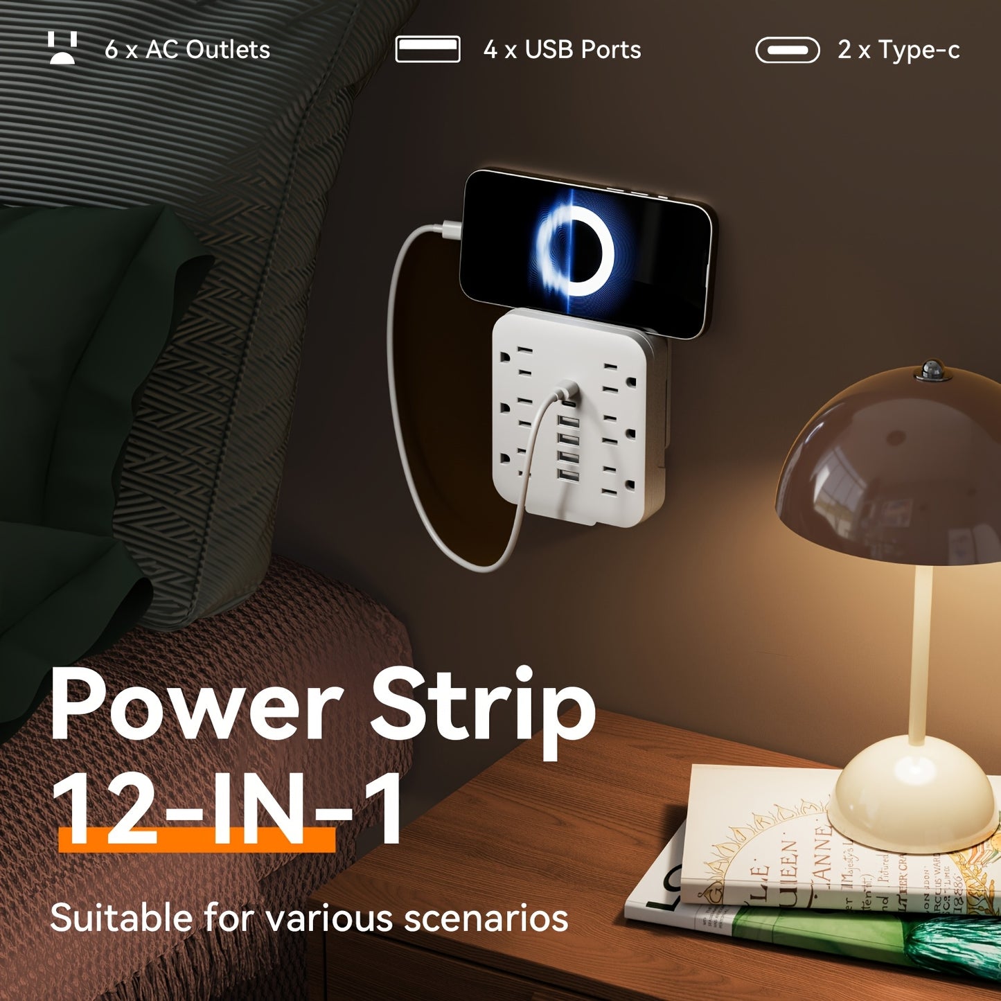1pc Compact 12-in-1 Wall Power Strip with USB Ports - 6 AC Outlets & 6 USB Charging Ports (2 USB-C) - Space-Saving, Plug Powered, 110-130V, US Plug - Ideal for Home & Office Use - White & Black