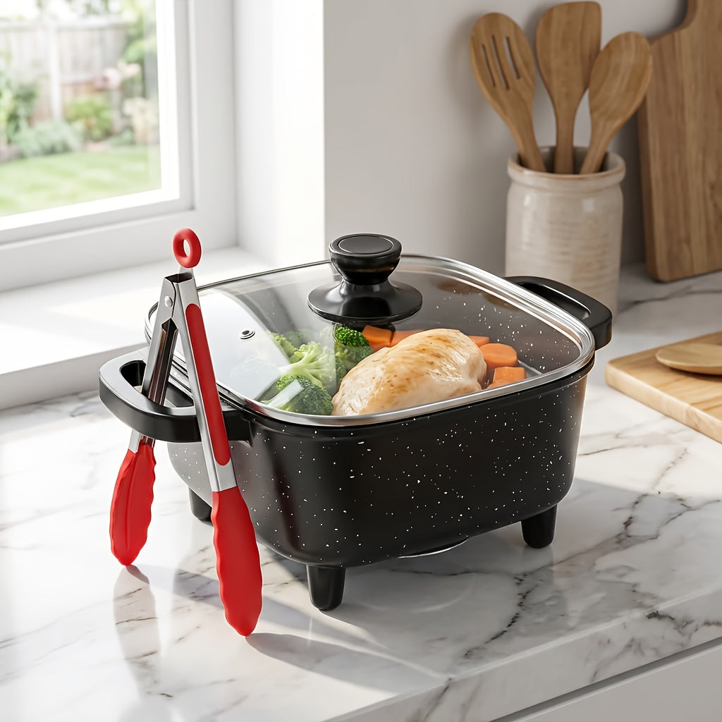 8-Inch Electric Mini Square Pot with Non-Stick Speckled Coating, Transparent Glass Lid & Cool-Touch Handle- Multi-Speed Temp Control, Compact Design for Cooking, Boiling, Stewing-Great for Christmas, New Year, Small Kitchens & Apartments with Tong