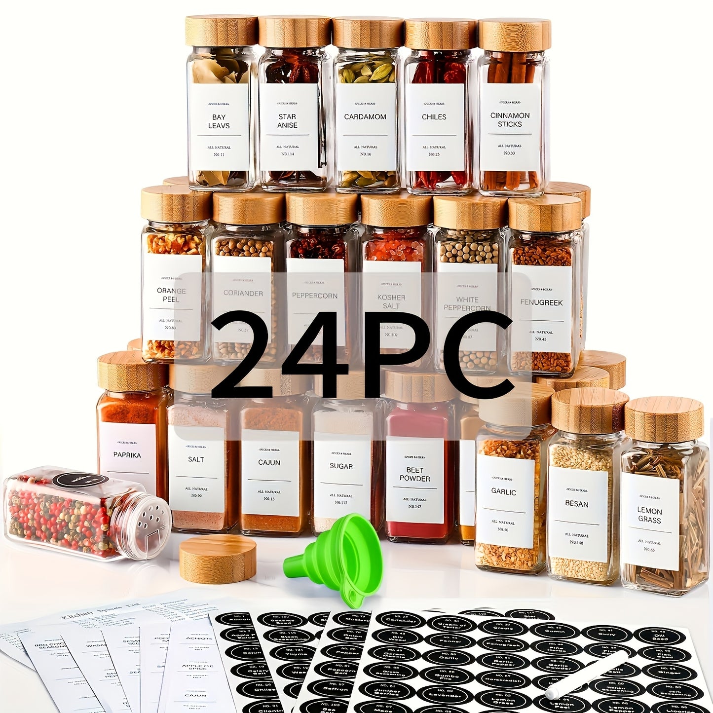15/24/36pcs Glass Food Dispensing Jars - 4oz, with Bamboo Lids, Labeled Glass Jars with Collapsible Funnels, Spice Racks, Cupboards, And Drawers for Seasoning Dispensing Storage Bottles, Food Dispensers