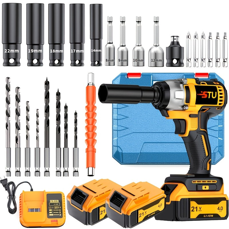 21 Volt Wireless Impact Wrench Drill Set, Heavy-duty Impact Drill, Optional 2AH/4AH Battery, Toolbox, Charger, And Complete Set Of Drill Bit Accessories, Suitable for Car Repair And Heavy-duty DIY, Is The Perfect Gift for Male Fathers