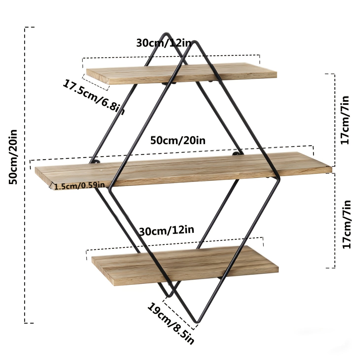 Three-Level Geometric Diamond-Shaped Wall Shelves Made of Metal Wire And Wood, Perfect for Displaying Items in Your Living Room Or Kitchen, Floating Shelves