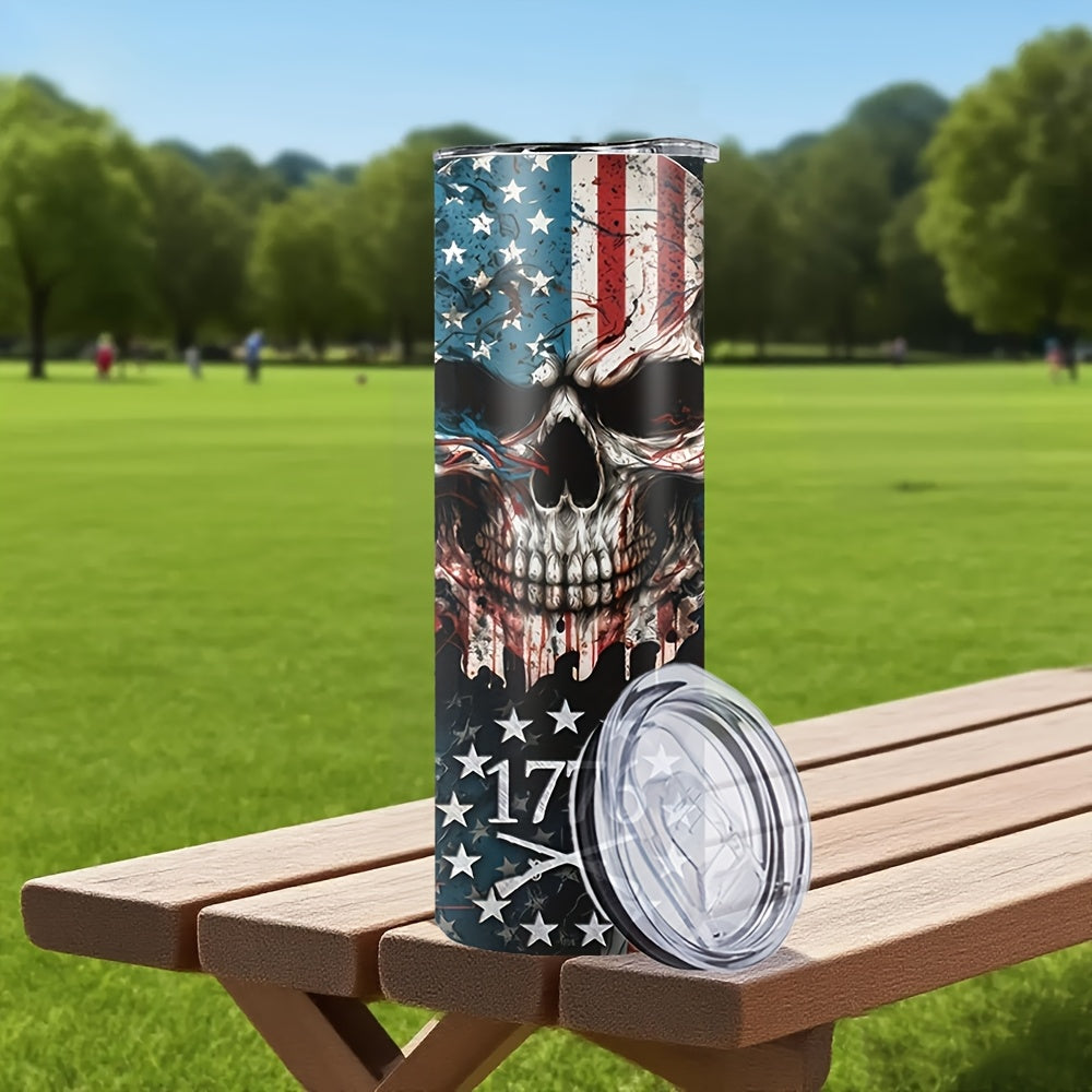 Patriotic Skull Pattern Coffee Cup, 20oz Stainless Steel Insulated Tumbler With Lid & Straw, Beverage Container Or Travel Cup For Hot & Cold Drinks, 20oz Camping Drinkware, Ideal Gift For Birthday, Holiday, Parties, Anniversary, Halloween, Christmas
