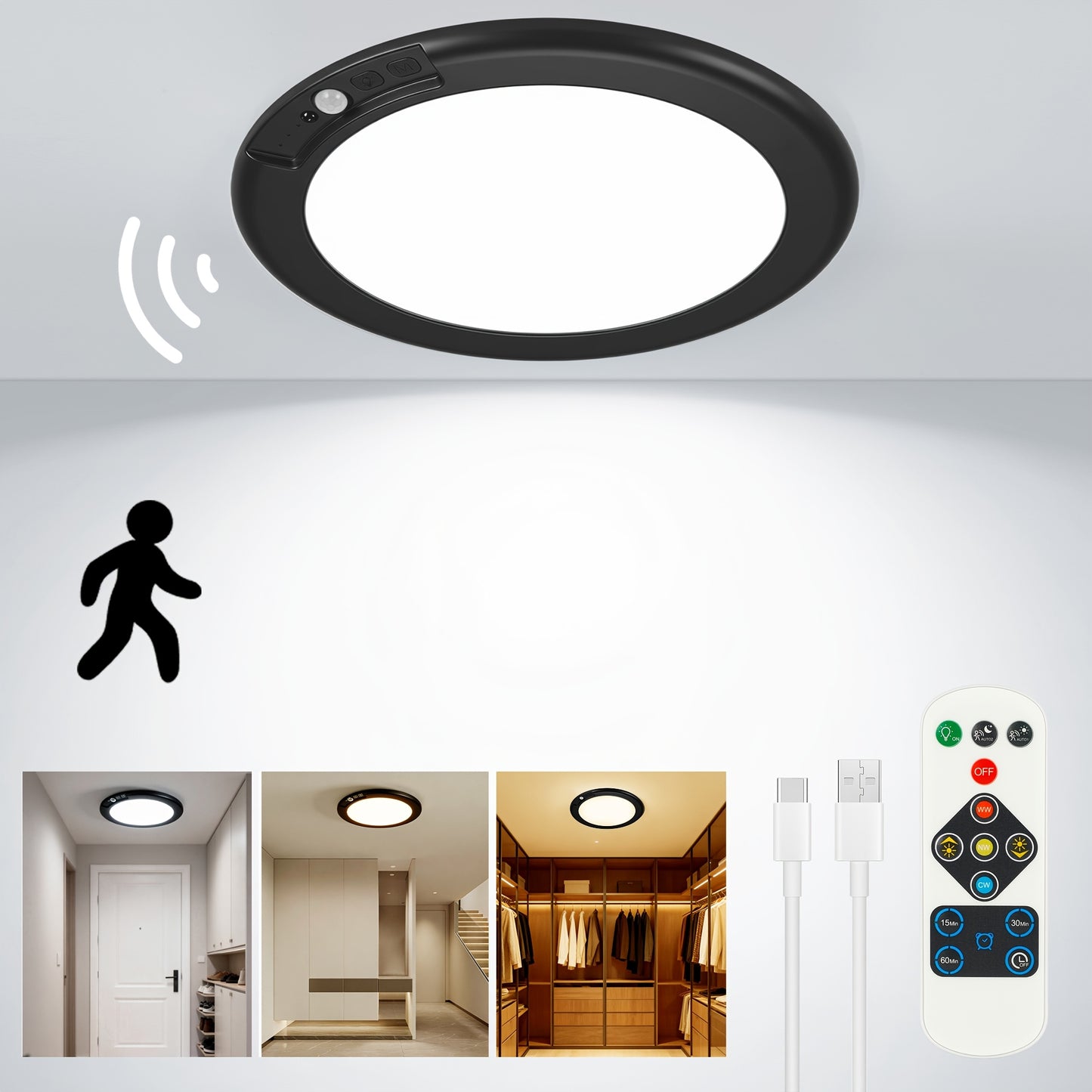 8/6/4/2/1Pack Rechargeable LED Ceiling Light with Motion Sensor, 3 Lighting Options, 10 Brightness Levels Battery Operated Closet Lights, Remote Control Dimmable Timing Motion Shower Lights for Living Bathroom Pantry Hallway Porch(3000K/4500K/6500K)