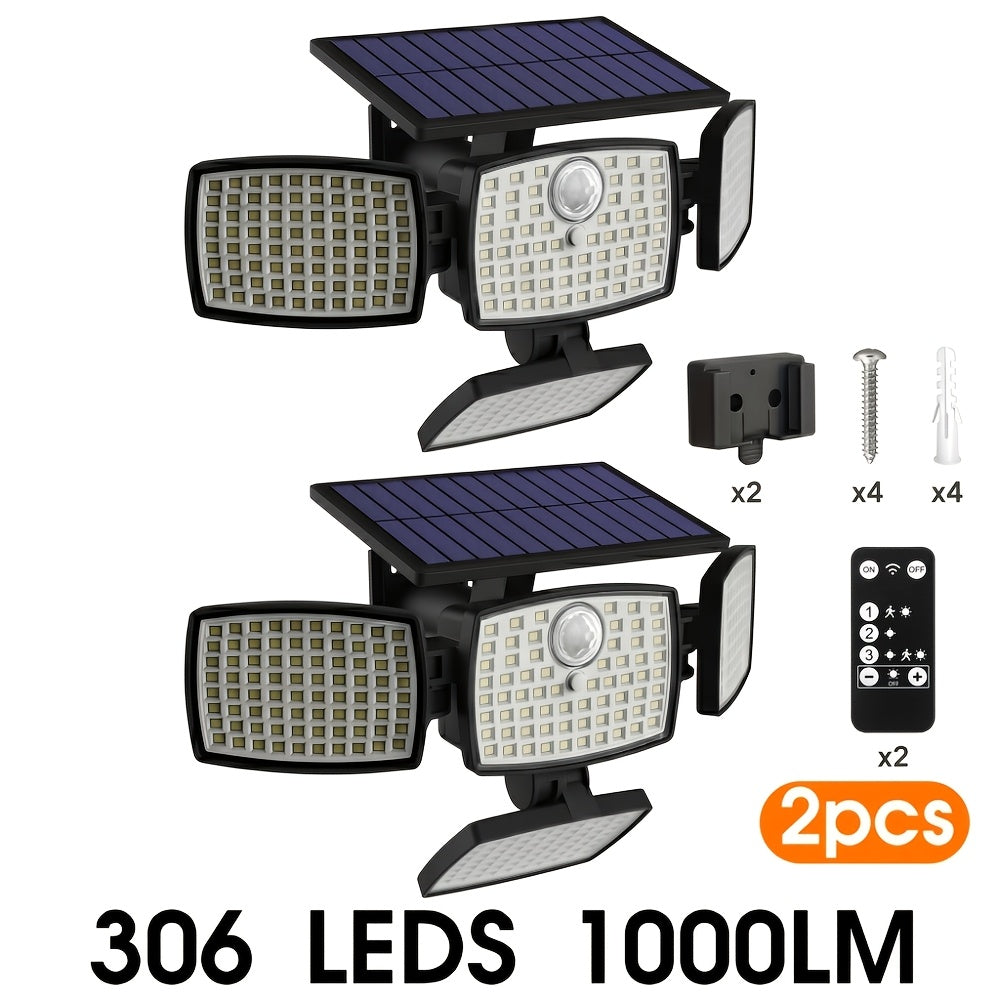 4/2/1 PACK 4 Head Solar Light Outdoor with Motion Sensor 306LED, 1000LM Solar Lights Outdoor with Remote Control, 270° Wide Angle Street Area Lights, 3 Adjustable Modes, IP65 Waterproof Solar Flood Light for Garden, Backyard, Garage, Wall, Yard Decor