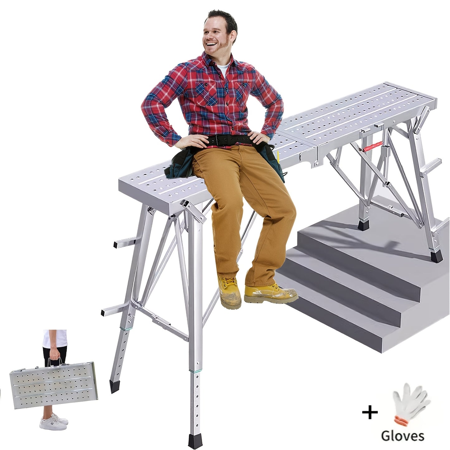 Work Platform Adjustable Folding Scaffolding Portable Step Ladder Height Drywall Bench Heavy Duty Load Capacity for RV Cleaning Painting Car Washing Decorating