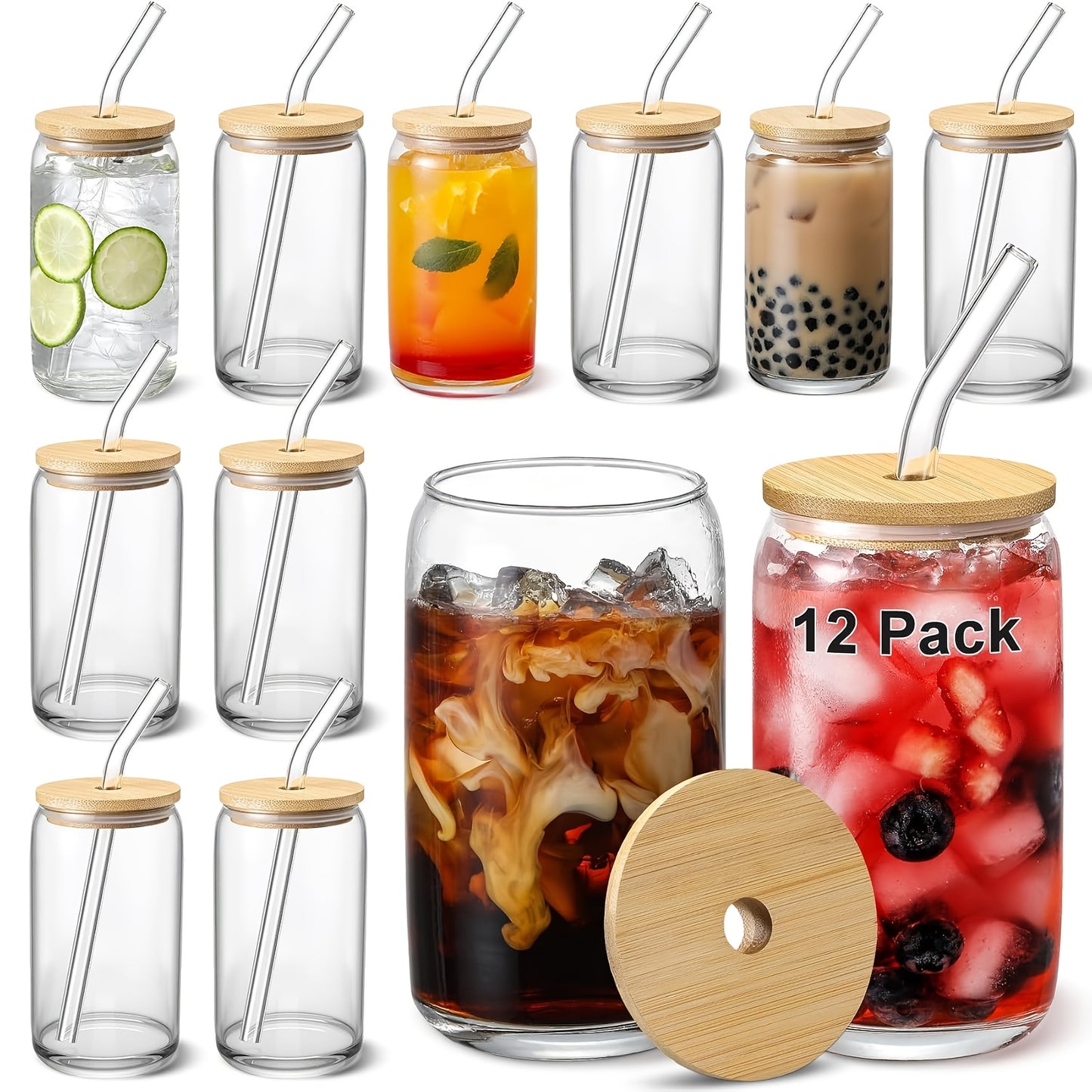 Multi-Piece Glass Set | 16Oz Coffee Mug With Lid & Straw, Mason Jar Mug, Iced Coffee Mug, Glass With Bamboo Lid, Cute Reusable Mug, Holiday Gifts, Souvenirs, Bbq Drinking Mugs - Aricpork